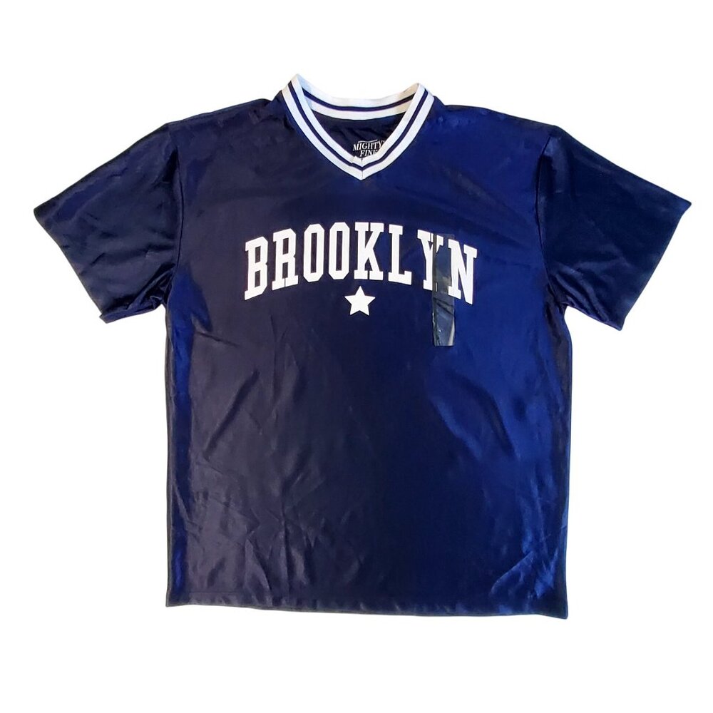 Brooklyn Navy Blue Graphic Tee Size M Polyester By Mighty Fine Ribbed collar